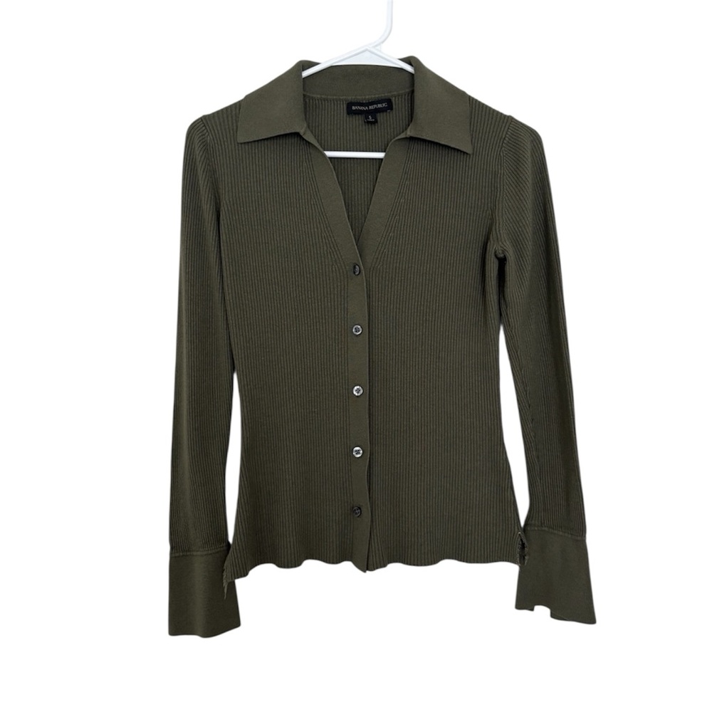 Banana Republic Ribbed Green Collared Button Down Sweater Cardigan Fitted Small